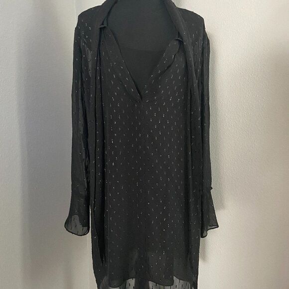 Theory Scarf Metallic Silk Long Sleeves Black Sheer Dress Size 8 - Picture 3 of 9